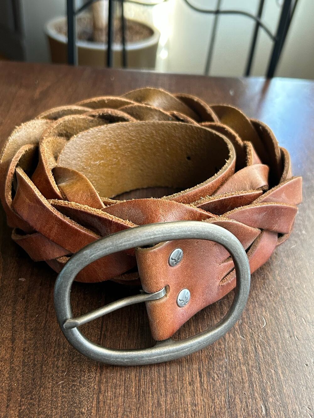 Vintage American Eagle Brown Woven Braided Leather Chunky Belt Western Large
